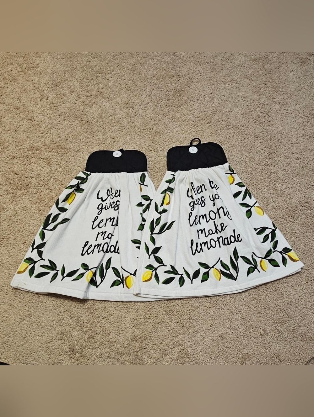 2 Handcrafted Towels Attached To Potholders Black White Yellow Green